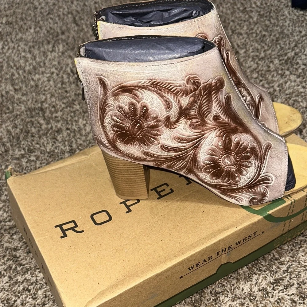 Roper Tan and Brown Embroidered Peep Toe Boots - Picture 3 of 6